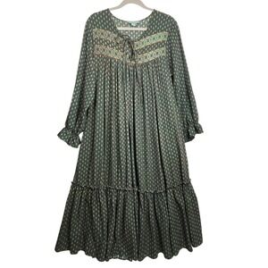 April Cornell Large Green Floral Boho Prairie Maxi Dress Tiered Pockets Tassel